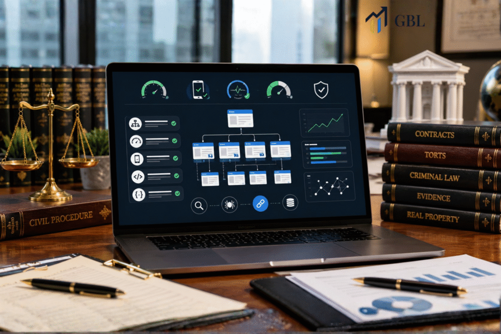 Laptop showing an advanced seo for law framework with technical SEO, topical authority, local SEO, internal linking, conversion paths, and law firm growth signals.