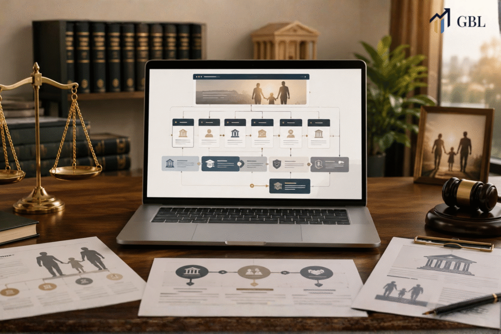 Laptop showing Family Law Website Design with clear navigation, practice area pages, trust signals, attorney profiles, FAQs, and consultation paths.