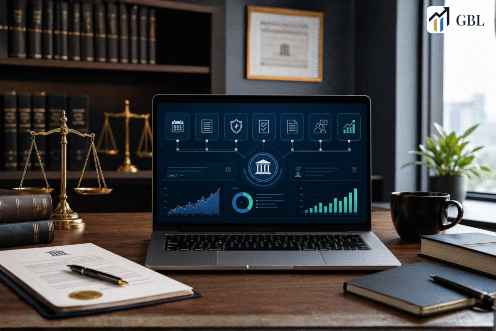 Laptop showing an Attorney SEO Agency evaluation dashboard with contract length, reporting cadence, exit clauses, deliverables, asset ownership, and ROI tracking.