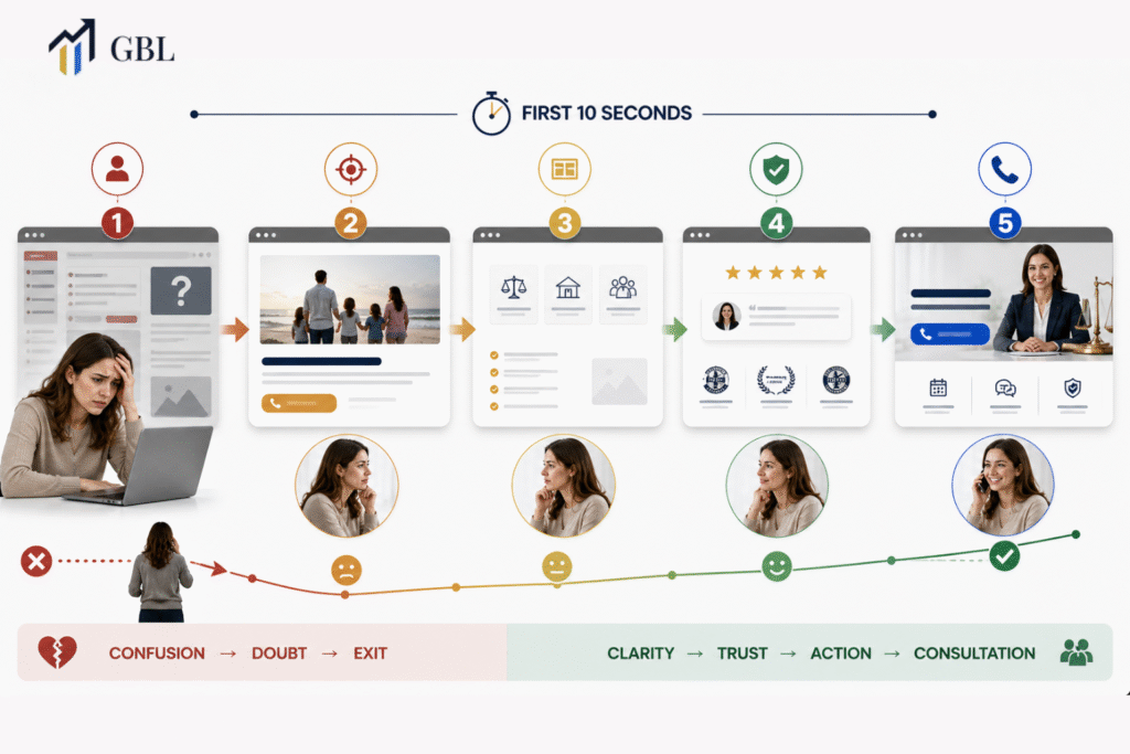 family law attorney website design first 10 seconds user experience trust clarity conversion illustration
