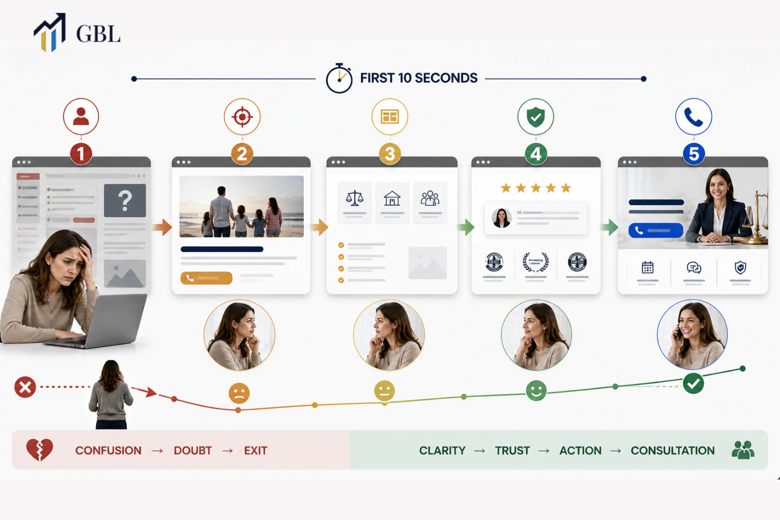 family law attorney website design first 10 seconds user experience trust clarity conversion illustration