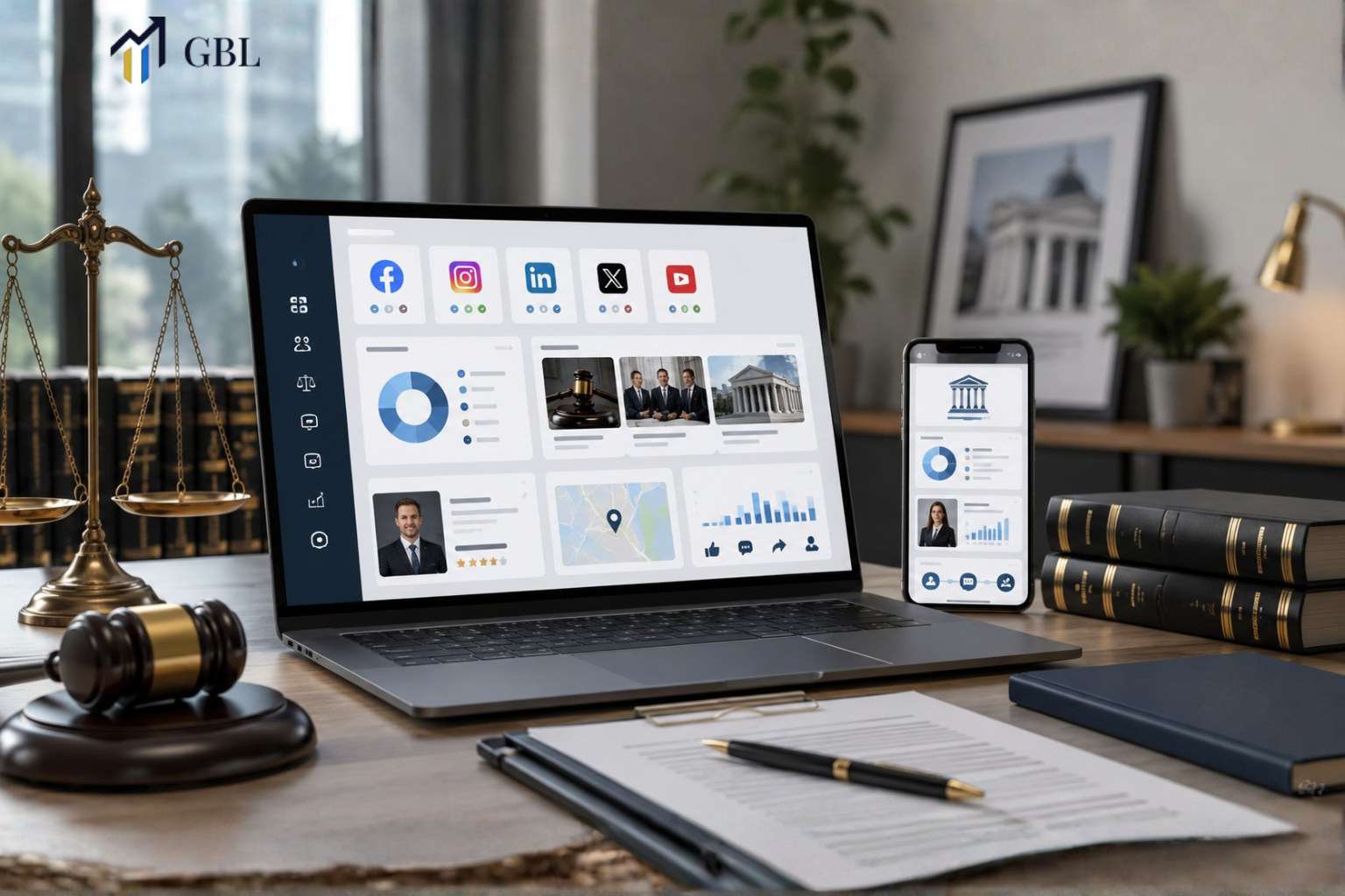 Laptop showing Law Firm Marketing Strategies for social media with platform selection, practice area content mix, engagement signals, and consultation pathways.