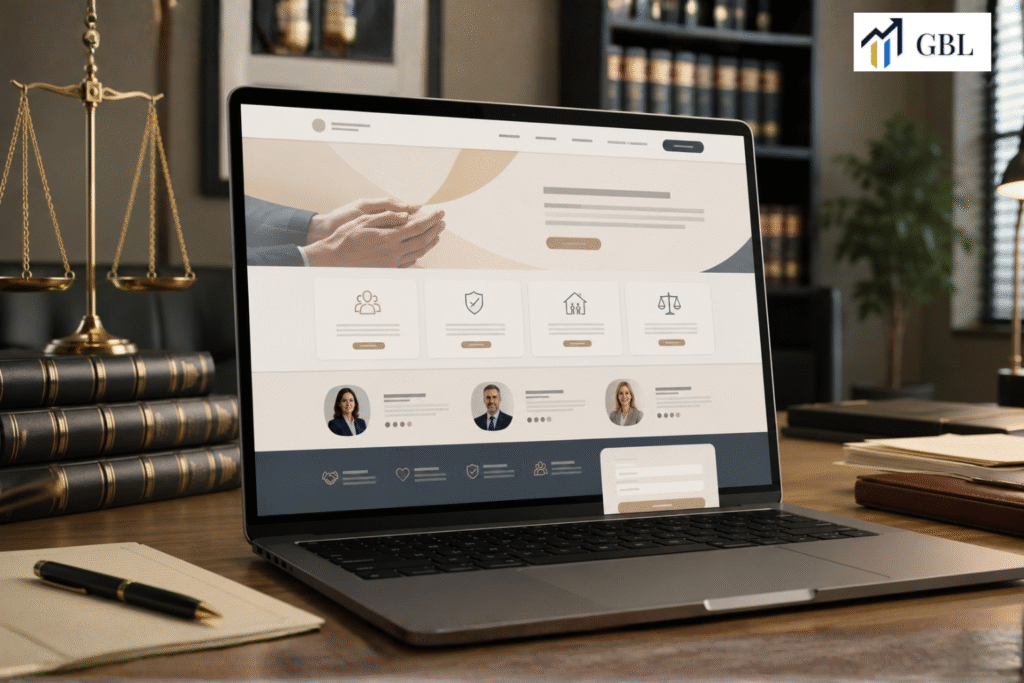 Laptop showing Divorce Lawyer Website Design with warm visuals, accessible layout, attorney profiles, trust signals, service cards, and consultation form sections.