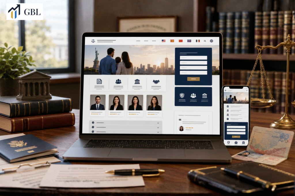 Laptop showing Immigration Lawyer Website Design with multilingual options, trust signals, attorney profiles, FAQ sections, mobile preview, and consultation form.