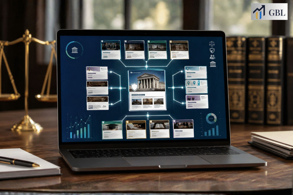 Laptop showing Lawyer Search Engine Optimization framework with technical SEO, topical authority, local SEO, internal linking, UX, reporting, and consultation growth.