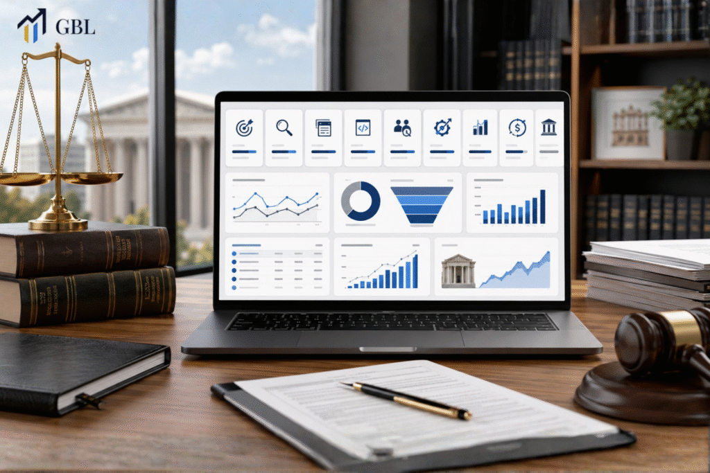 Laptop showing Law Firm PPC Services retainer dashboard with campaign planning, keyword research, landing pages, tracking, reporting, intake, and ROI growth.