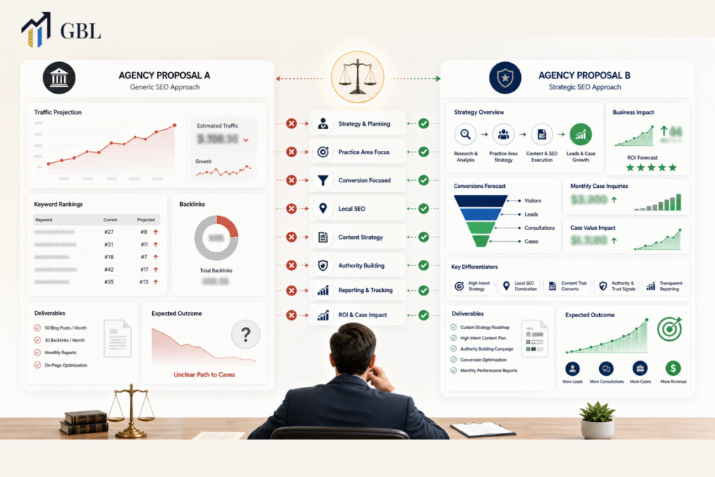 lawyer seo agency comparison table showing strategy content local seo authority and conversion performance for law firms