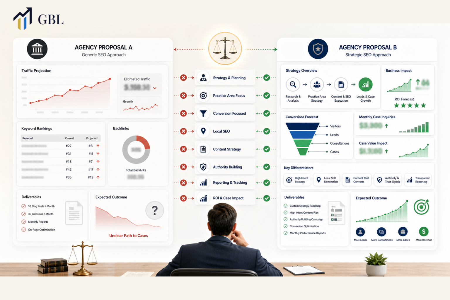 lawyer seo agency comparison table showing strategy content local seo authority and conversion performance for law firms