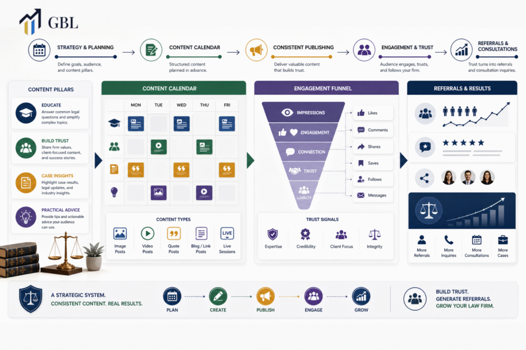 law firm social media marketing content calendar generating referrals and client inquiries through structured posting strategy