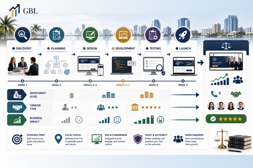 Fort Lauderdale website design for law firm process showing timeline, cost, vendor selection, and conversion-focused structure generating client inquiries